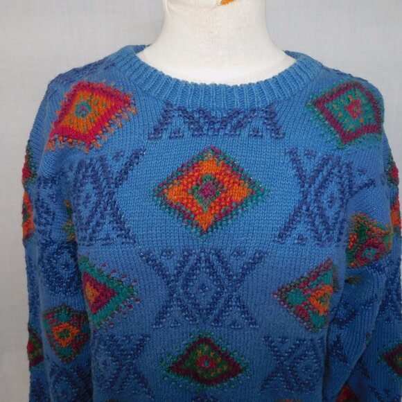 VTG Northern Isles Hand Knit Blue Multicolour Diamond Crew Neck Sweater Womens M - Picture 2 of 10